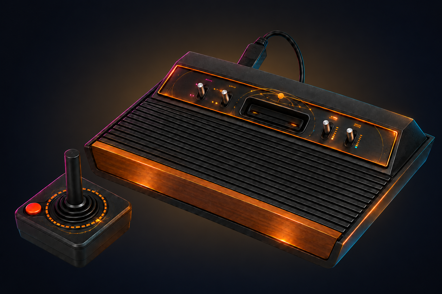Futuristic console concept preserving the recognizable Atari 2600 six-switch ribbed deck, woodgrain front, and single-button joystick