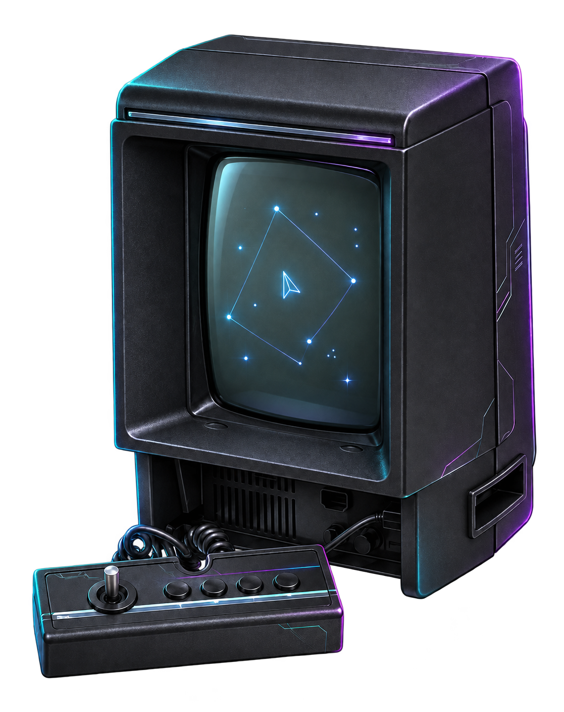 Futuristic console concept preserving the Vectrex upright integrated CRT cabinet and tethered four-button controller
